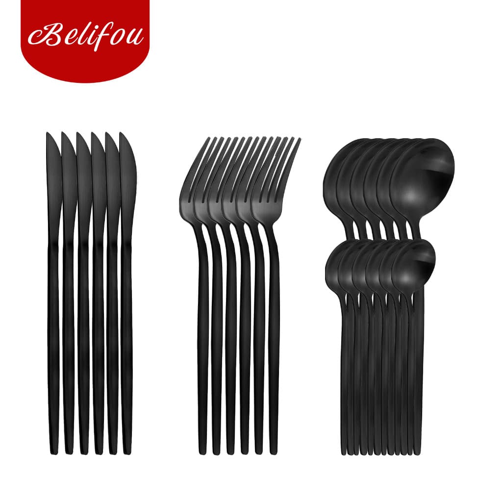 Belifou Faqueiro Jogo De Talheres 24 Peças Inox 416 Preto Grafite Premium