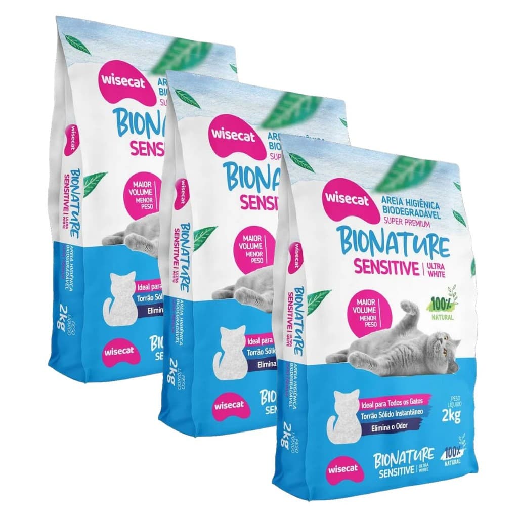 Kit 3 Areia de Gato Mandioca Biodegradável Wisecat Sensitive Fina | 6kg