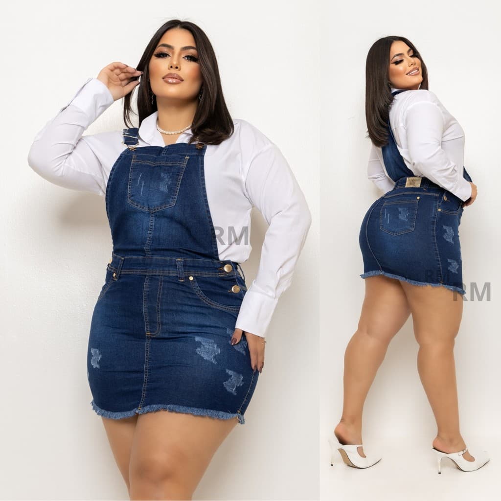 Jardineira Saia Jeans Feminina Plus Size C/ Lycra Cintura Alta Jeans Femonino