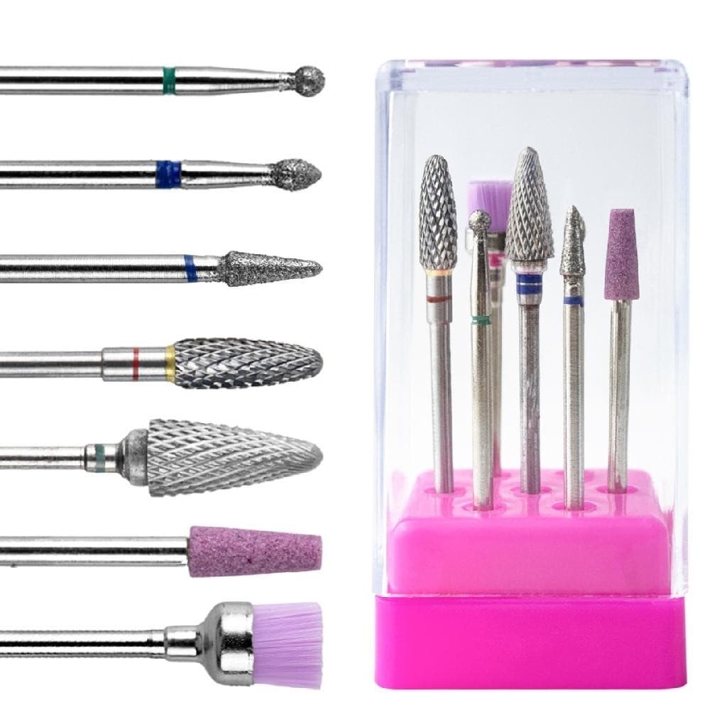Kit 7 Broca Tungstênio Diamantada Polir Limpeza + Suporte Unhas Gel Alongamento Fibra Unha Brocas DH