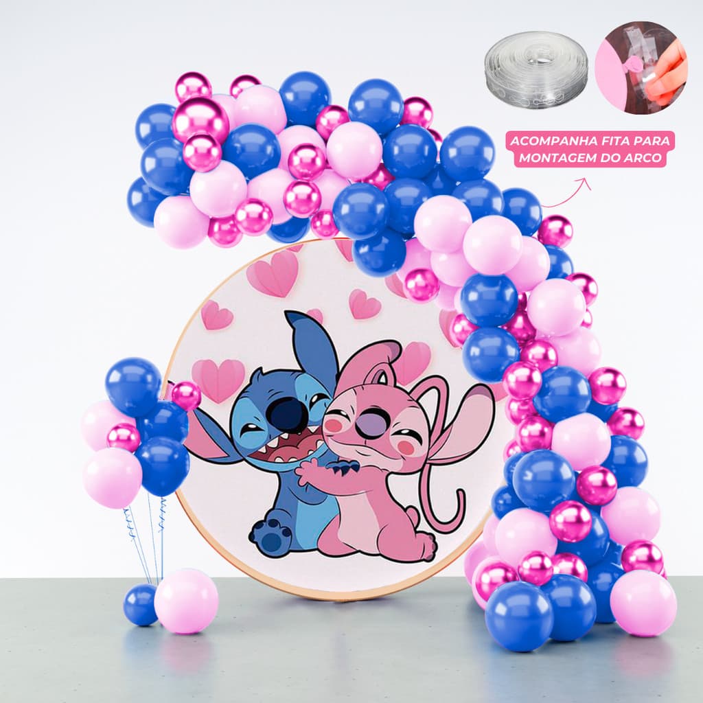 Kit 125 Balões Festa Stitch & Angel + Fita Arco - Balão Bexiga Liso/Cromado Para Aniversários