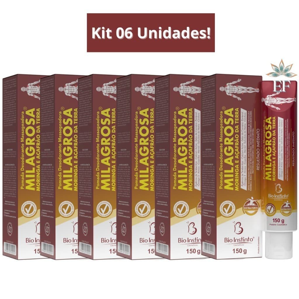 Kit 6 Unidades Pomada Massageadora Milagrosa Com Moringa e Açafrão da Terra 150g Bio Instinto