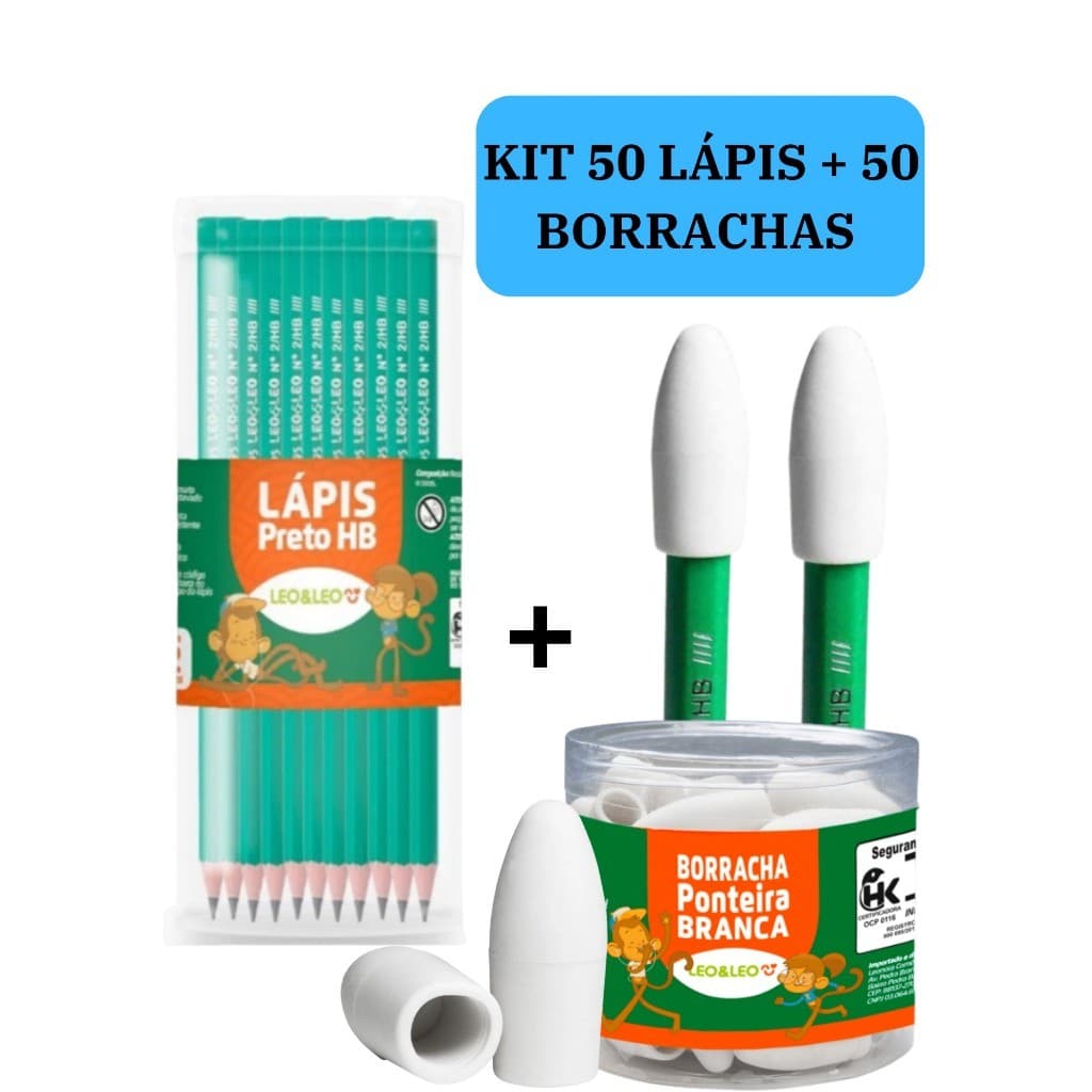 Kit 50 lápis de Escrever Nº2 Preto + 50 Borracha Escolar Ponteira Branca LEO&LEO Escolar Escola Estudo