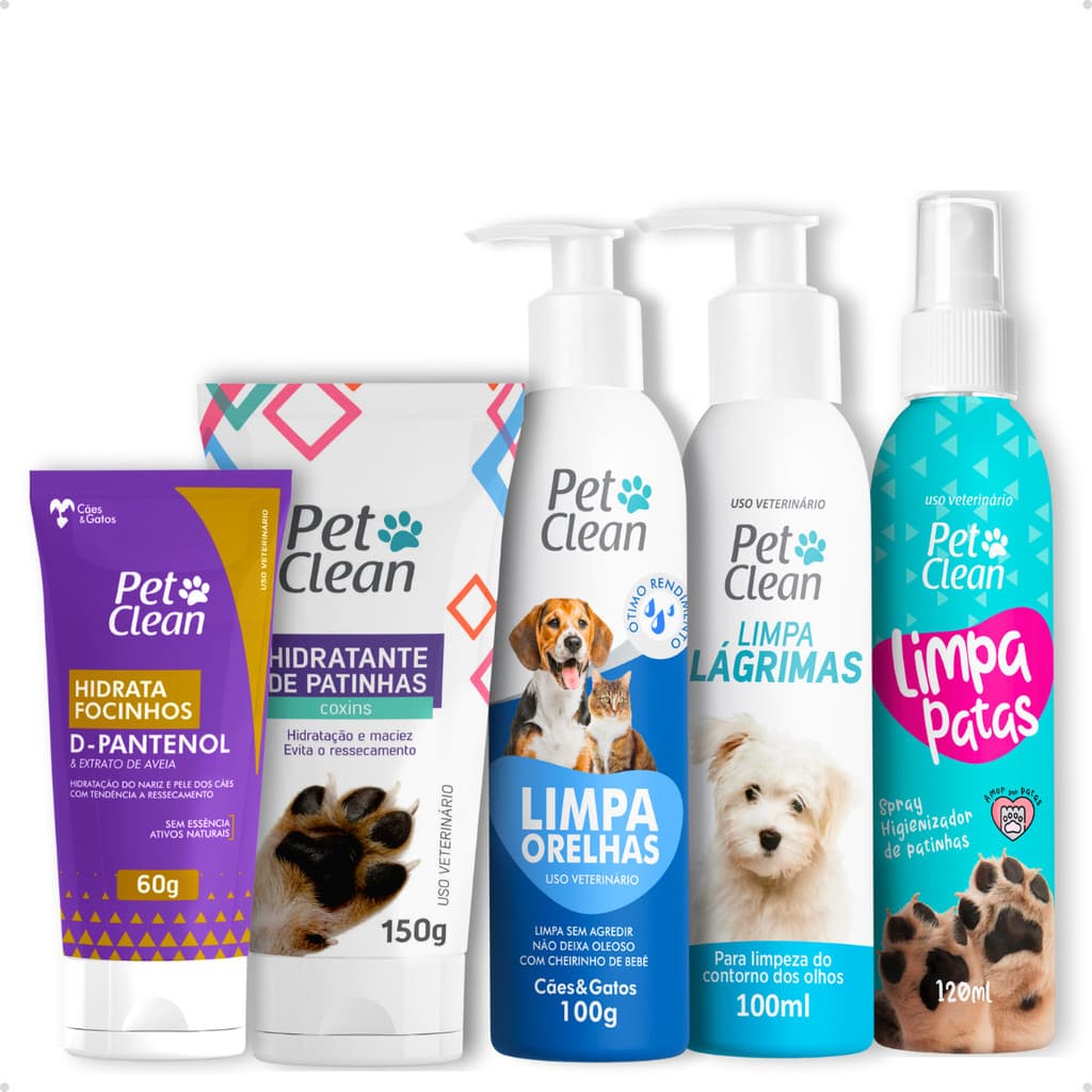 Kit Higiene Pet Clean Limpa Patas + Orelhas + Lágrimas + Hidratante de Patas + Focinhos Cães e Gatos
