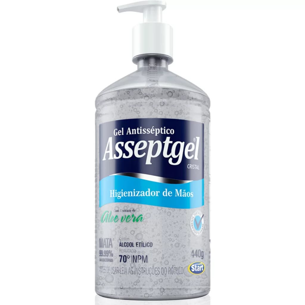 Álcool em Gel Antisseptico Asseptgel Cristal Aloe Vera 420g Hidratante Com Válvula Pump