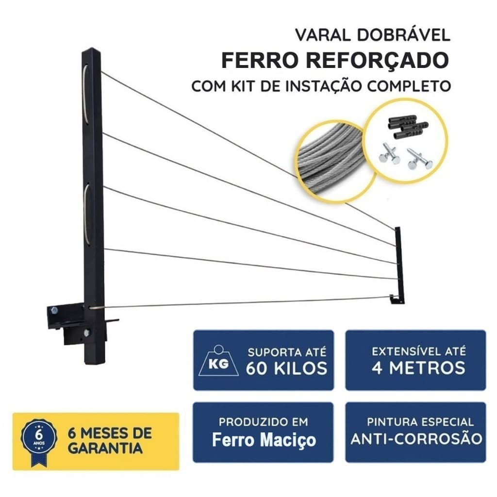 Varal de Roupa Parede Reforçado Retrátil Ferro + KIT DE INSTALAÇÃO COMPLETO