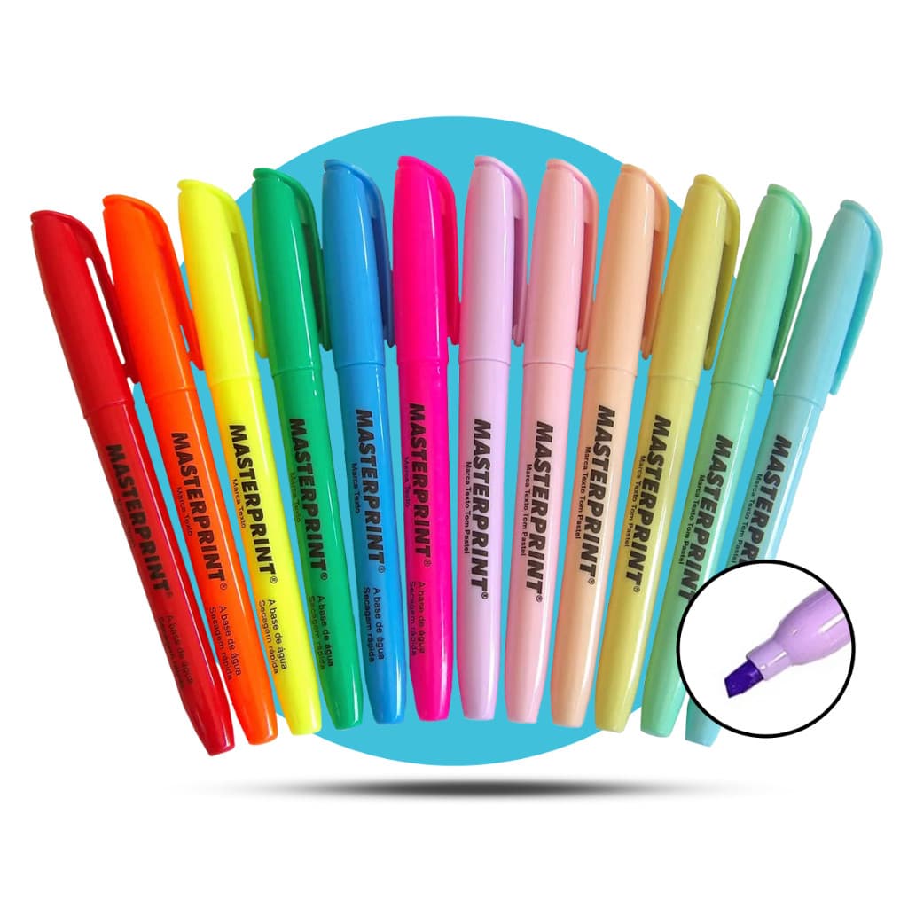 Kit 12 Canetas Marca Texto Masterprint (6 Tons Neons + 6 Pastéis)