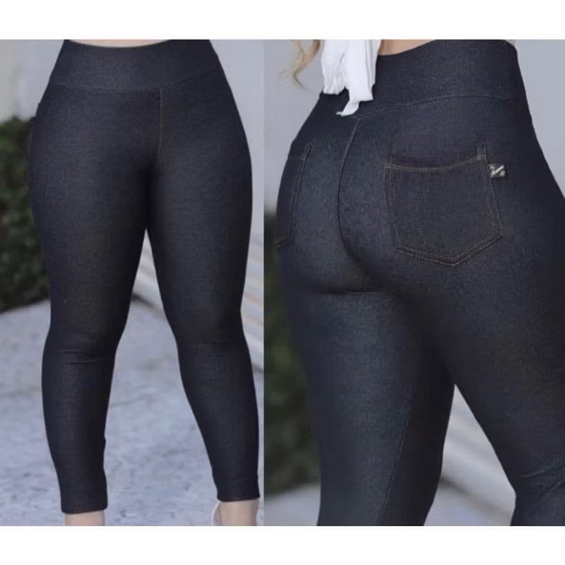 Calça Legging Jeans Fake Bolso Cintura Alta Algodão