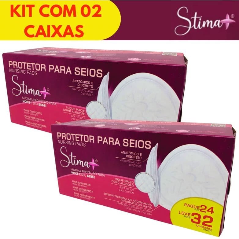 KIT 02 CAIXAS ABSORVENTE PROTETOR DE SEIOS STIMA+ C/64 UN CADA CAIXA COM 32 UM TOQUE MACIO – TECNOLOGIA NACIONAL