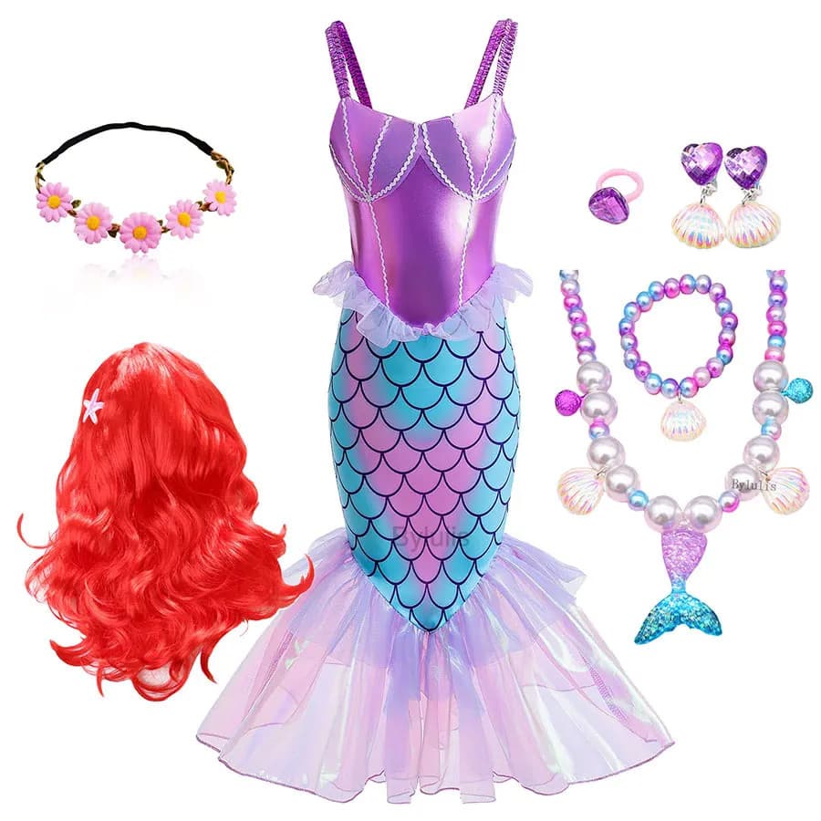 Pequena Sereia Ariel Vestido Princesa Para Meninas Tulle Sem Mangas Cosplay Traje De Aniversário Infantil De Festa