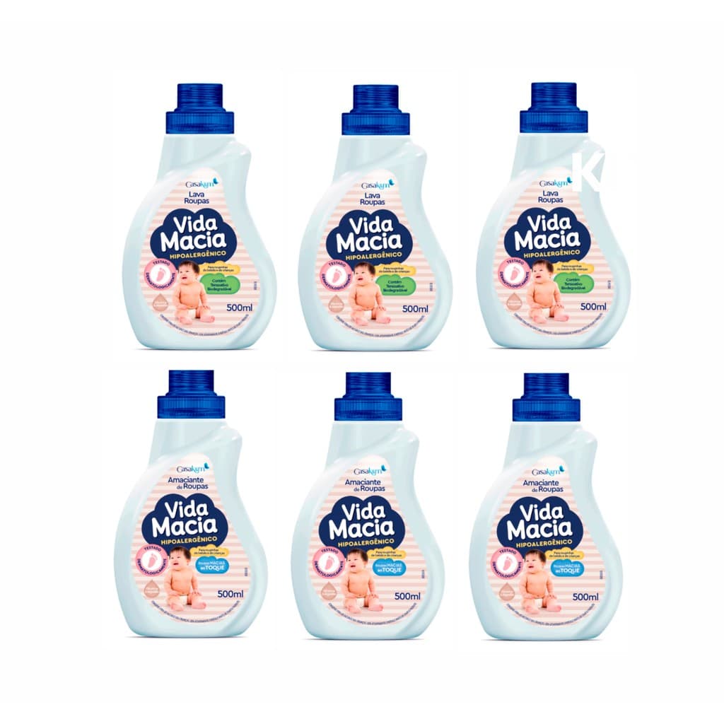 Lava Roupas e Amaciante Vida Macia Bebe Bebê 500ml Kit 3