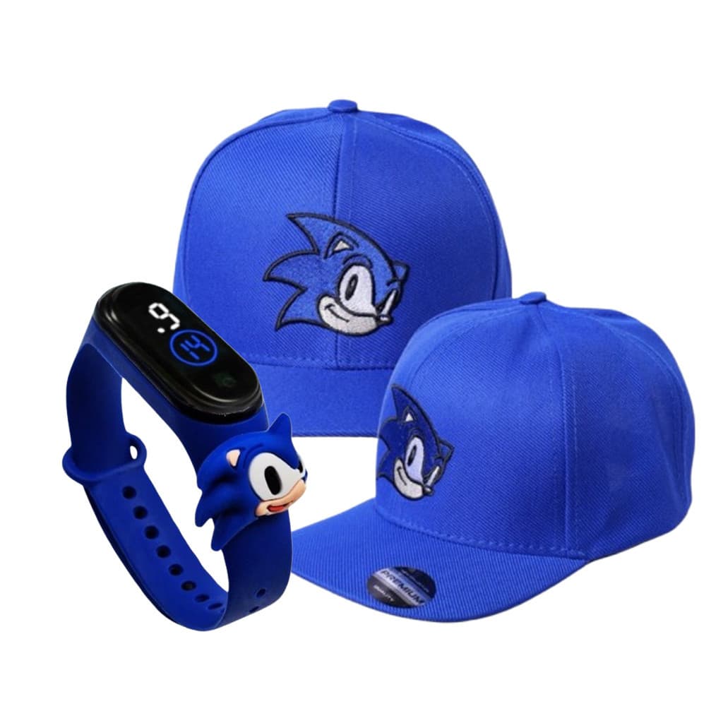 Kit Boné e Relógio Digital Infantil a Prova D'agua Chapéu Sonic Criança Menino Menina Esportivo LED