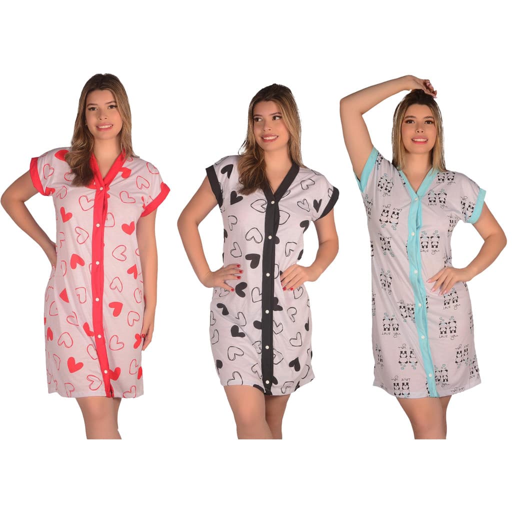 Kit com 3 Camisolas Amamentação Hospitalar Abre na Frente - Cores Variadas