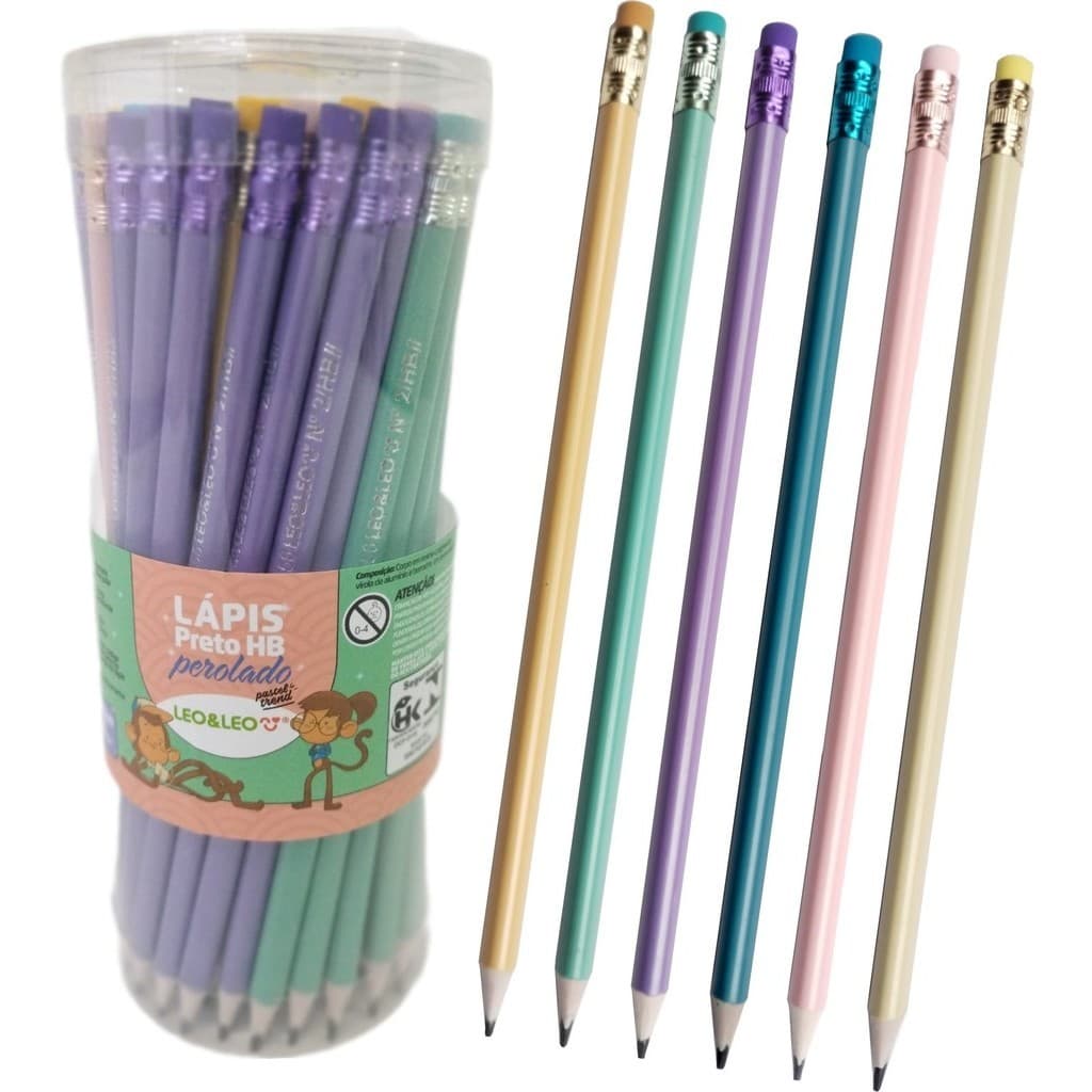 Kit Lápis de Escrever Preto HB Perolado Decorado com Borracha LeoeLeo Material Escolar Escritório