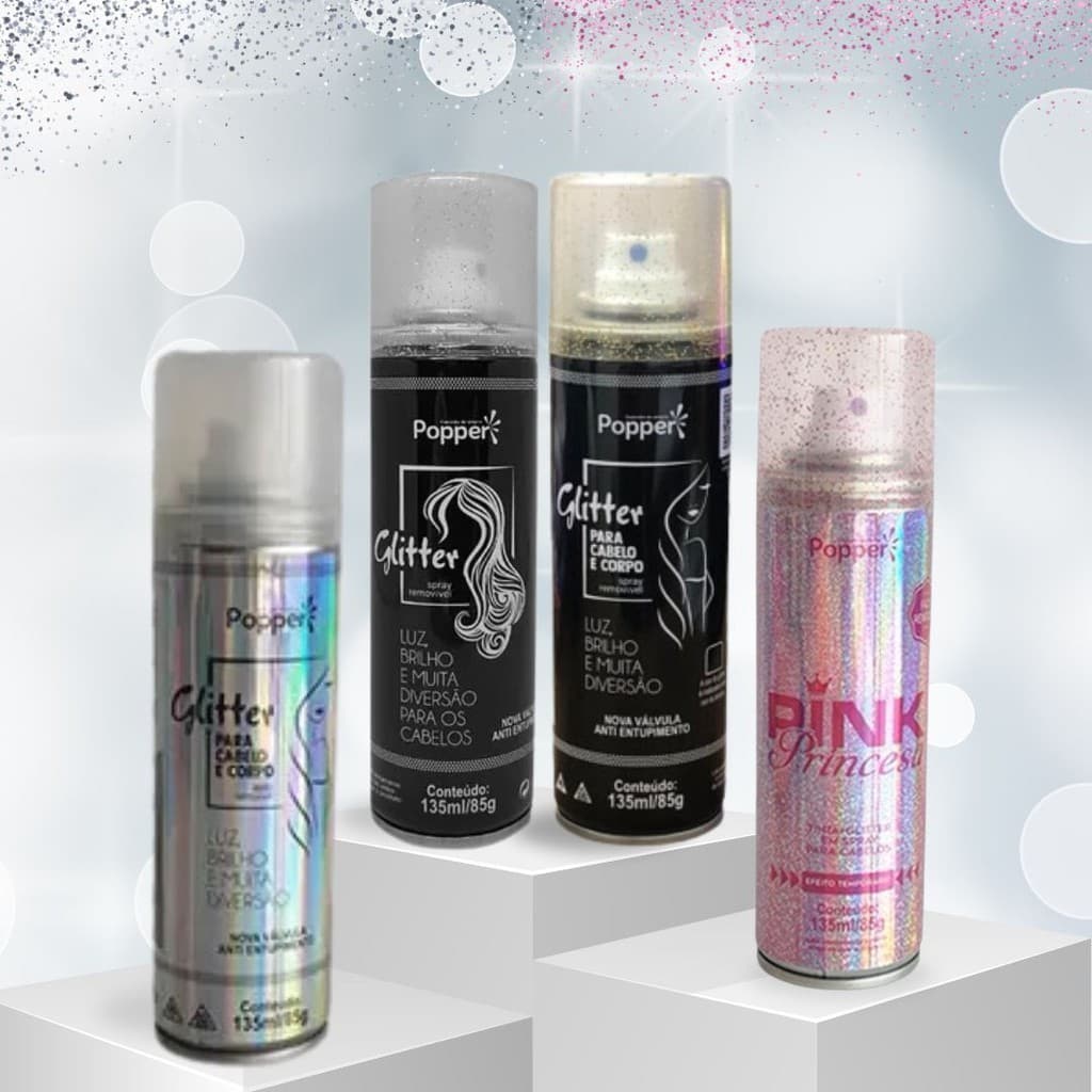 Spray Glitter Popper Para Cabelo, Roupa e Corpo 135ml - Escolha a Cor