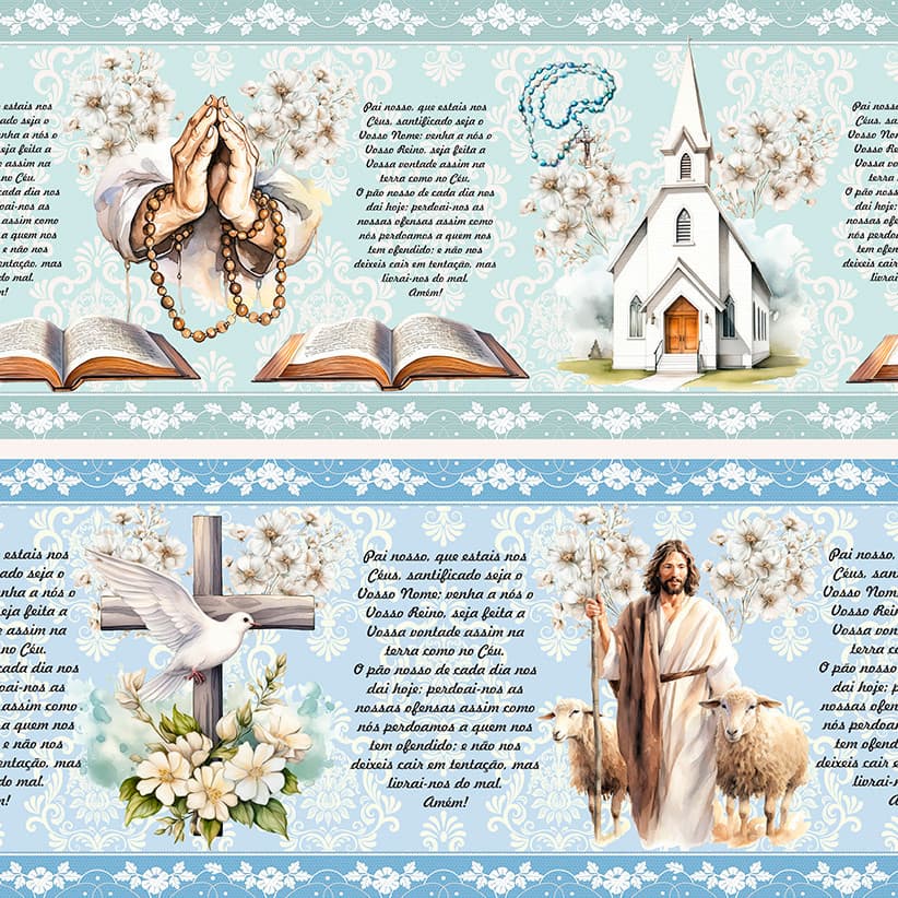 Tricoline Digital Barrado Pai Nosso, 100% Alg. 50cm x 1,50mt