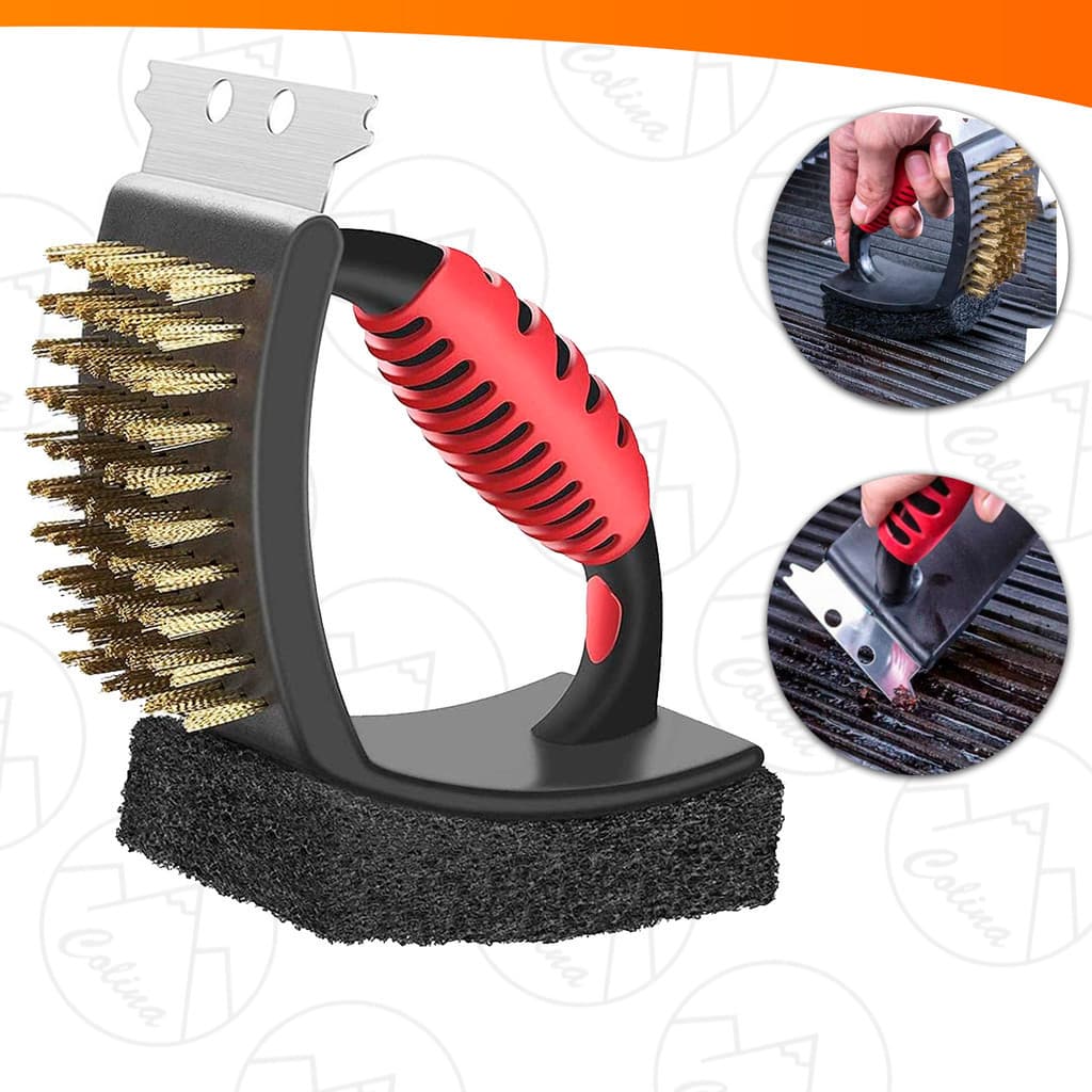 Escova Para Limpar Grelha Com Cabo 3 Em 1 Com Espátula e Esponja Abrasiva Aço Inox