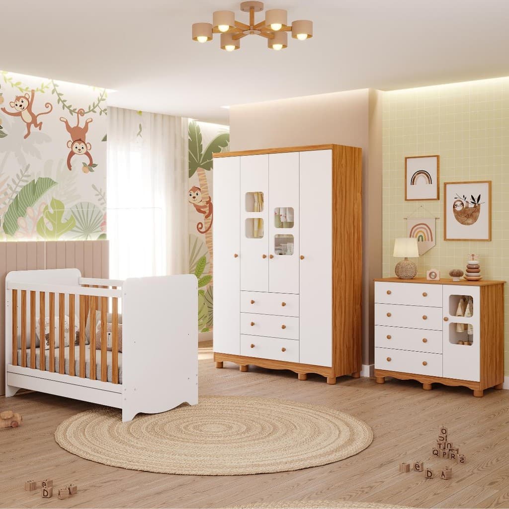 Quarto Bebê Completo Berço Americano Ben 3 Em1 Guarda Roupa 4 Portas e Cômoda Uli 4 Gavetas 100% MDF