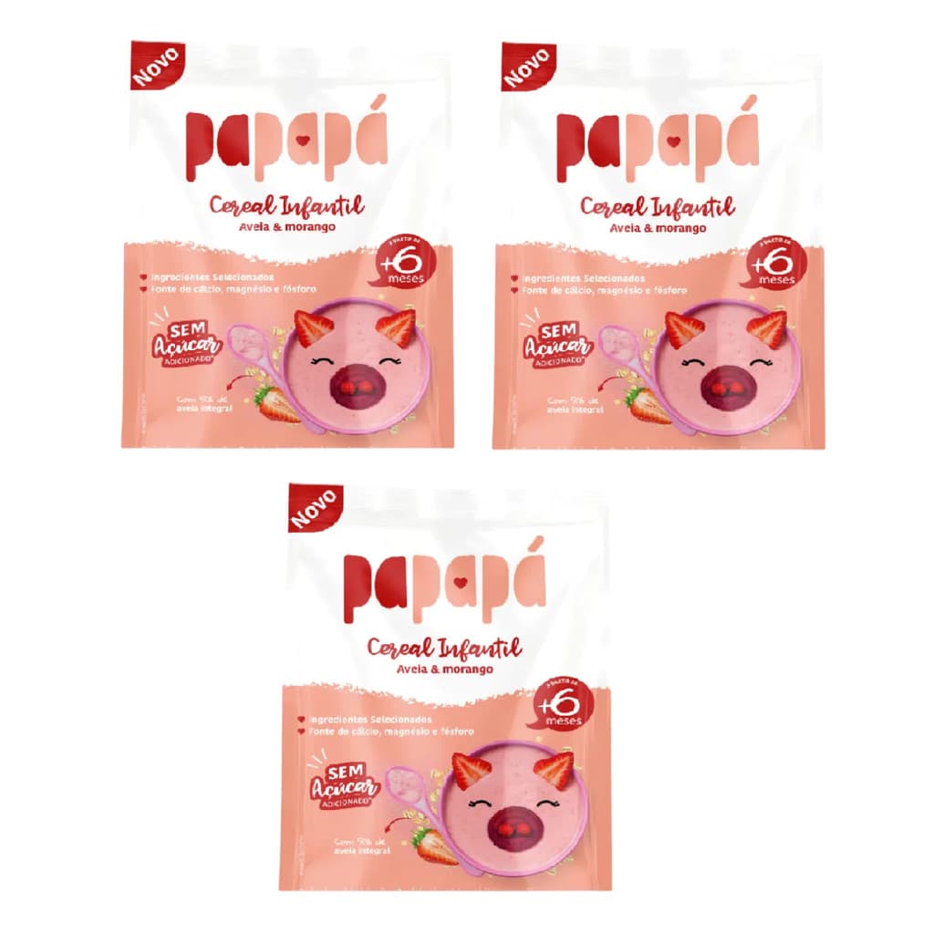 Kit 3x Cereal Infantil Aveia E Morango Papapa Sachê 170g