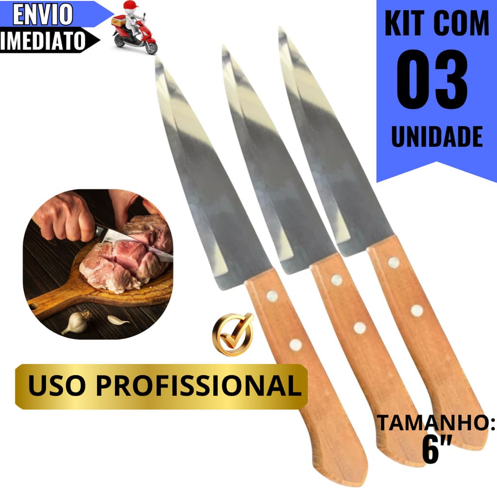 Faca de Cozinha Inox 6'' Cabo de Madeira – Ideal para Carne, Legumes, Peixe, Churrasco e Uso Diário
