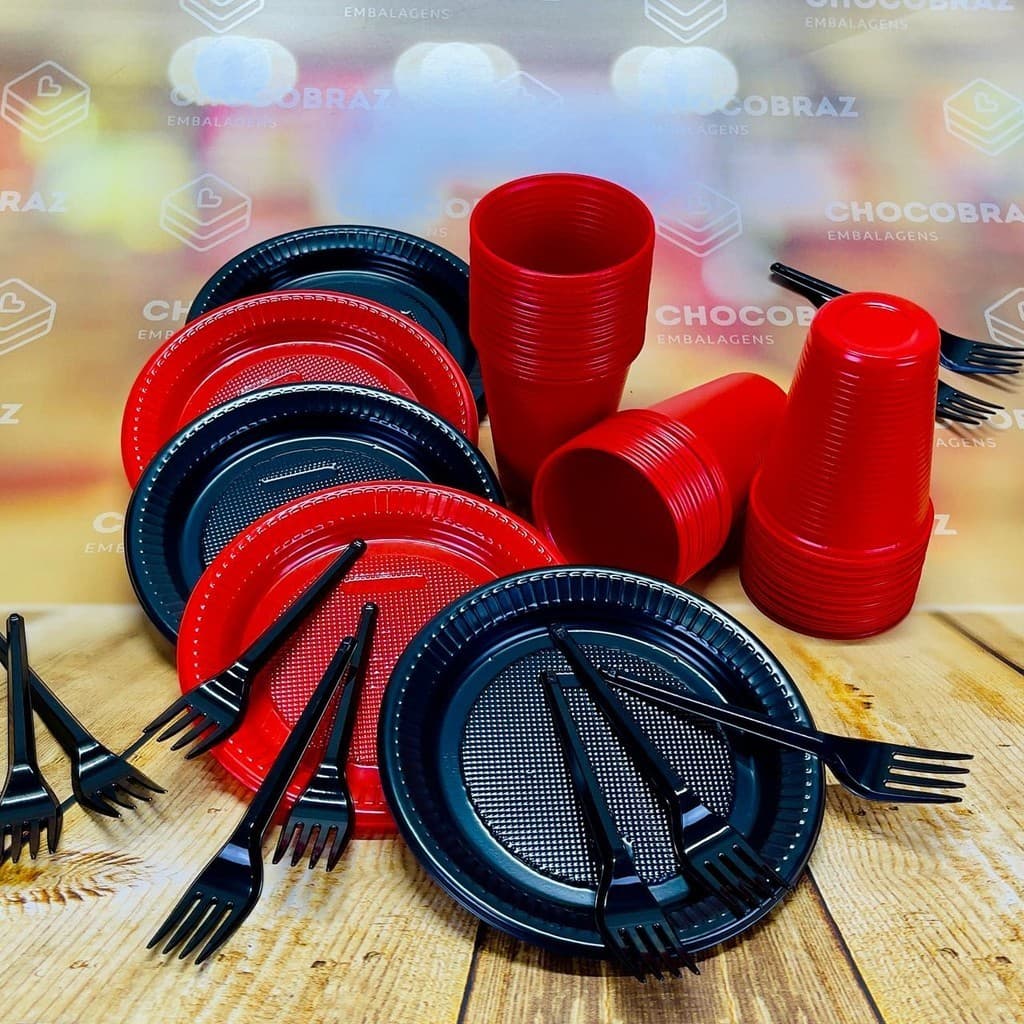 Kit Festa 50 PESSOAS DESCARTAVEIS  GARFO + PRATO + COPO PRETO E VERMELHO