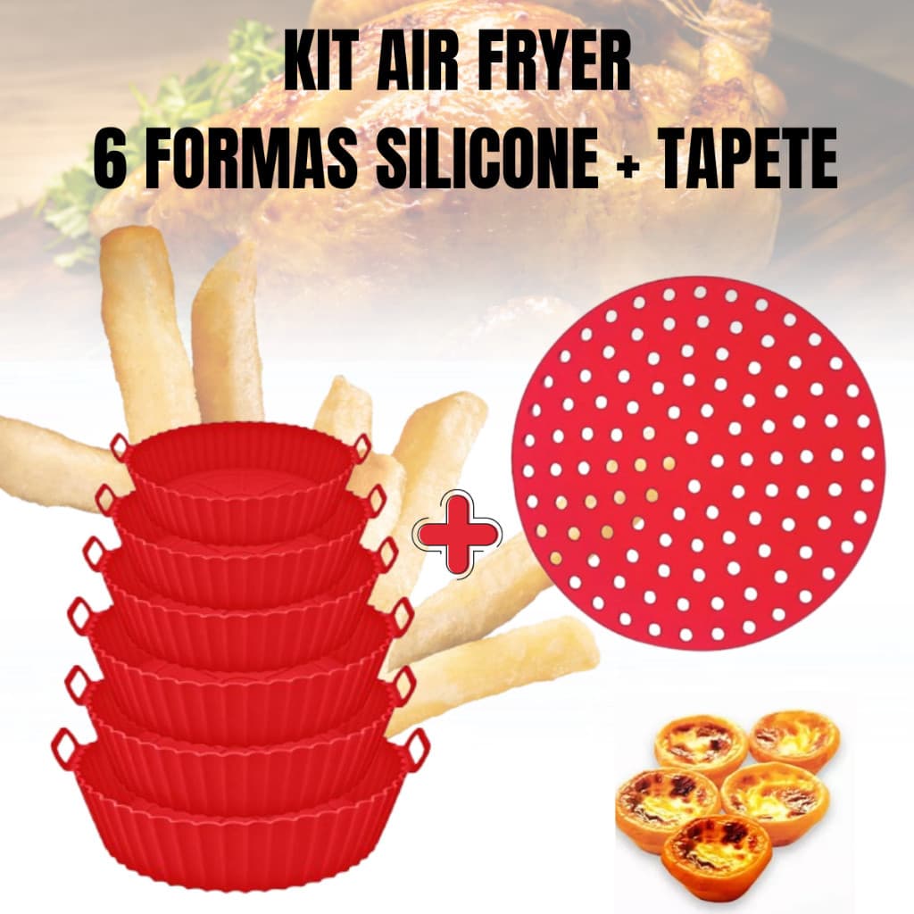 Kit Airfryer Tapete Antiaderente + 6 Formas Silicone Tamanhos Variados Microondas Forno Lavável com Alça