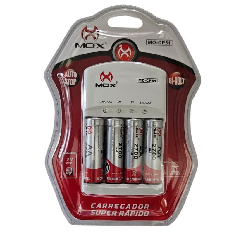 Carregador de Pilhas e Baterias 9v Mox MO-CP51 2700Mah C\ 4 AA