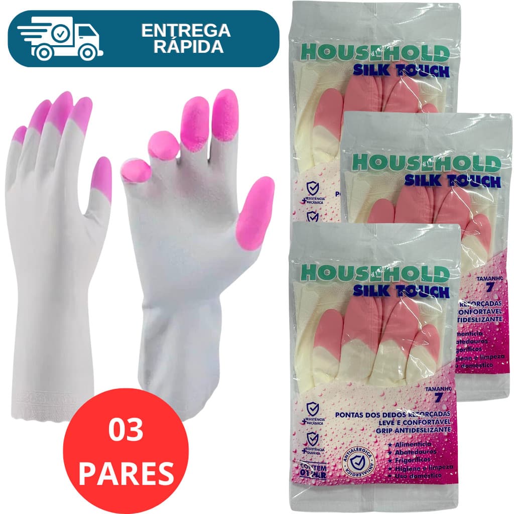 Kit 3 Prs Luva Antialérgica Limpeza Pesada Grossa Reforçada Lavar Louça Silk Touch Super Safety