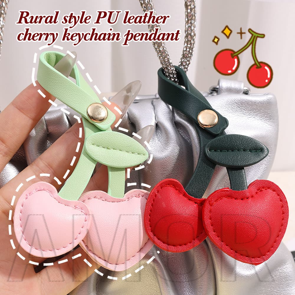 Chaveiro Cereja De Couro PU-Lindos Presentes Para Amigos-Moda , Versátil , Estilo Pastoral-Pingentes De Decoração De Mochila-Porta-Chaves Com Coração Duplo