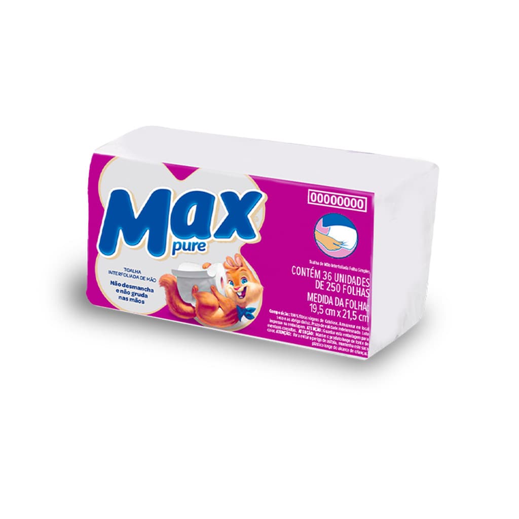 Papel Toalha Interfolha 2 Dobras Folha Simples 21,5x19,5 com 250 Folhas Max Pure