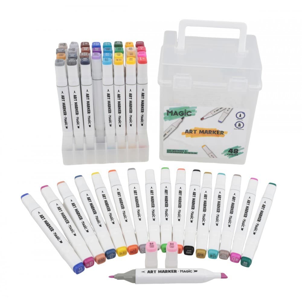 Kit Art Marker 48 Cores - Canetas Marcadoras Ponta Dupla Com Estojo Canetinha Touch