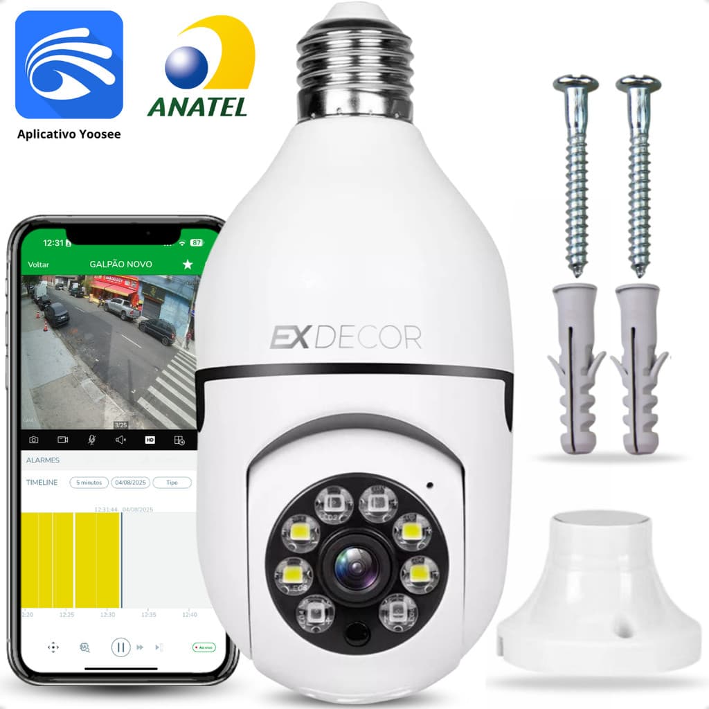 Câmera De Segurança Lâmpada Ip Wifi Com Visão Noturna Interna Externa App Yoosee Marca EX Decor