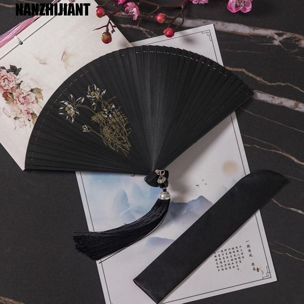 NANZHIJIANT Ventilador Dobrável Feminino , Clássico Japonês Estilo Antigo Preto , Leques De Mão Chinês