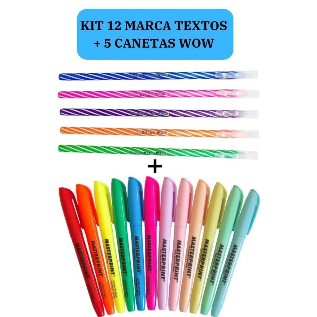 Kit 12 Marca Texto (6 Neon + 6 pastel) Masterprint + 5 Canetas Esferográficas Wow 0.7mm Coloridas