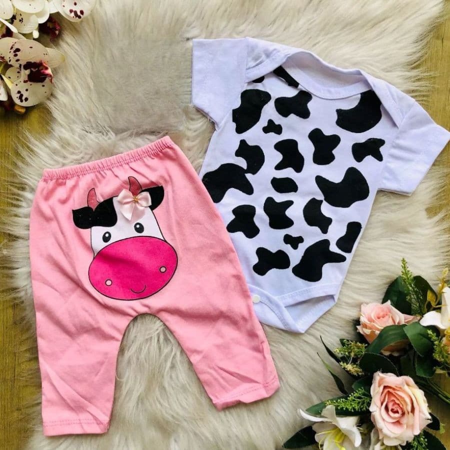 Conjunto Bebe Menina Primavera/Outono Vaquinha Ursinho Animal Print Calça Body