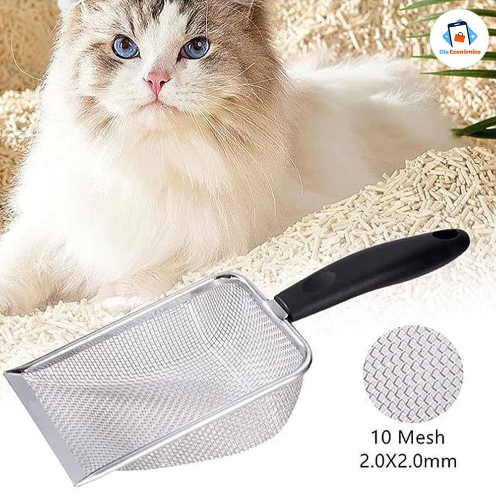 Pá para Areia de Gatos com Peneira Coletora em Aço Inoxidável Resistente e Durável