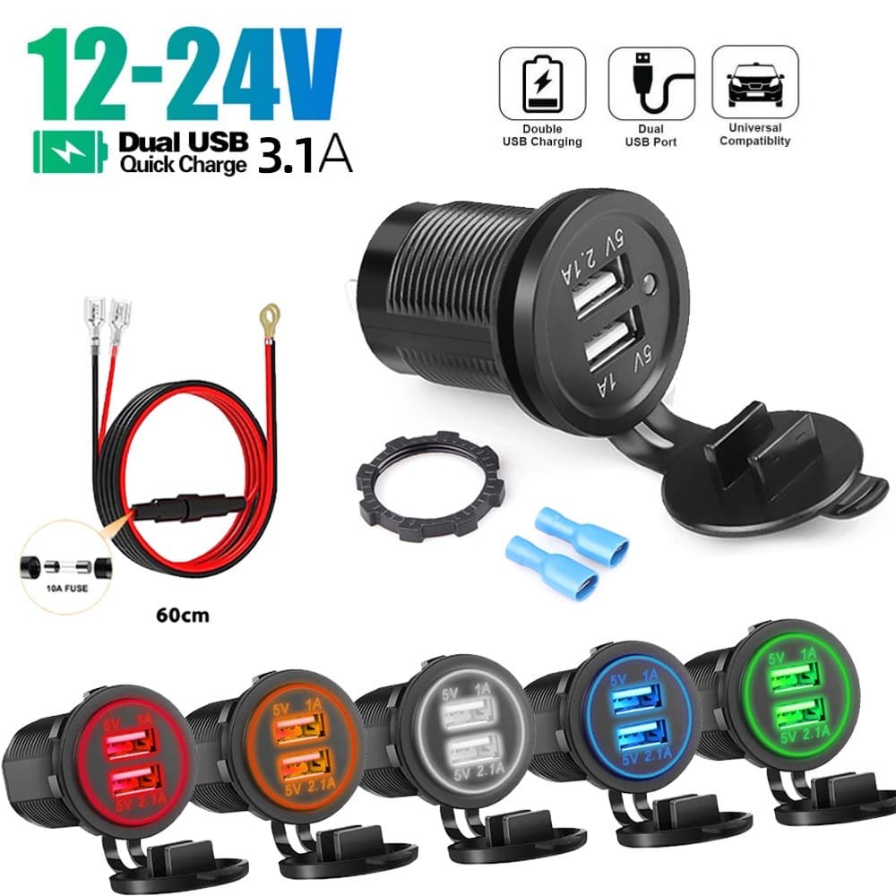 Carregador De Carro USB Duplo 12V/24V 3.1A Com Display De Tensão LED-Para Carros , Motocicletas E Barcos