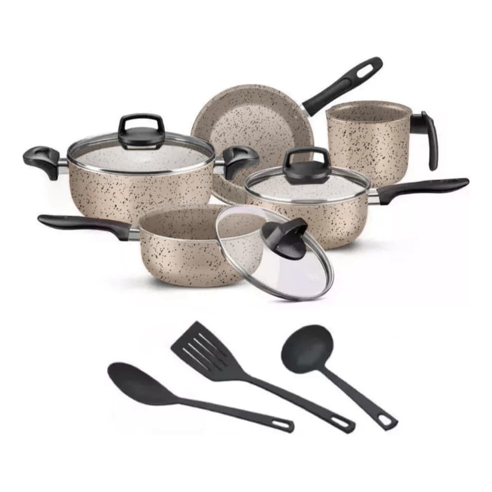 Jogo de Panelas 8 Peças Marfim Antiaderente Teflon Premium 6 Camadas com Tampa de Vidro