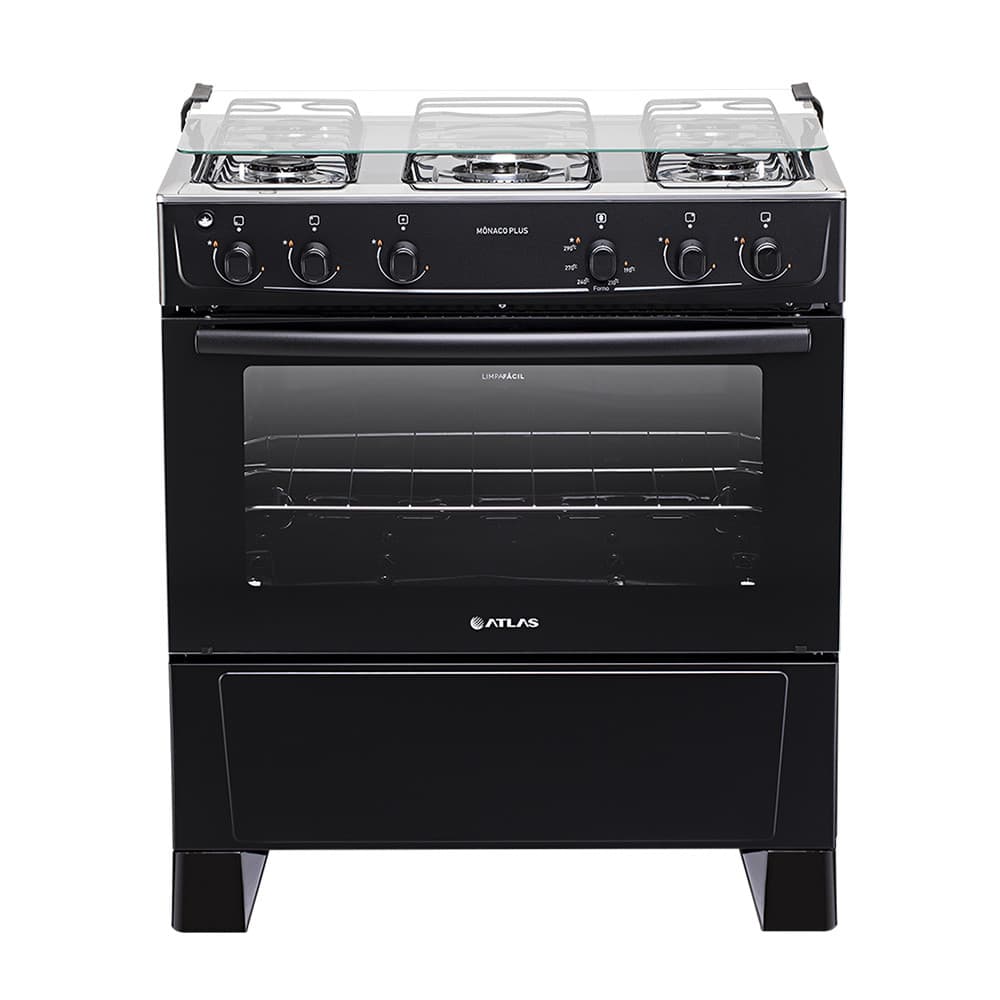 Fogão 5 Bocas Atlas Mônaco Plus com Mesa Inox e Acendimento Automático Preto Bivolt