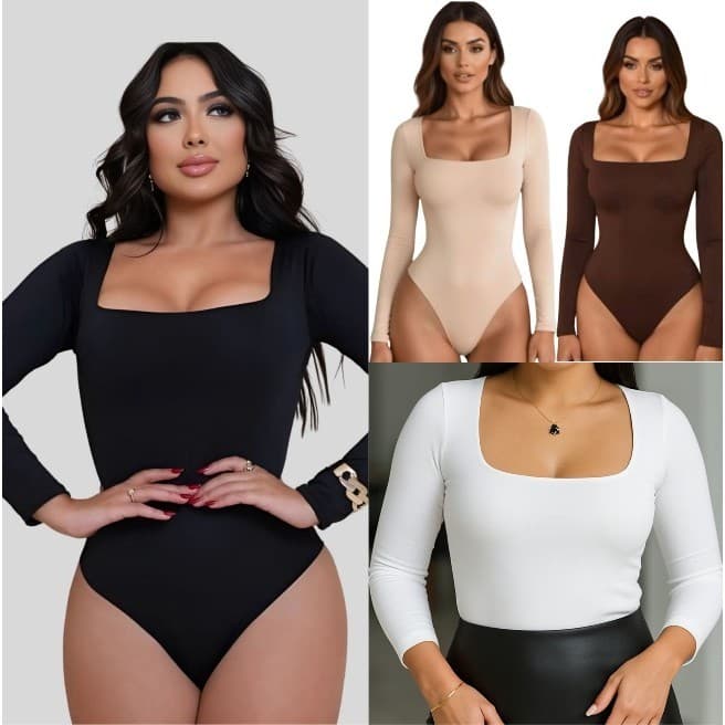 Body Feminino Manga Longa Bory Decote Quadrado Segunda Pele Justo e Confortável