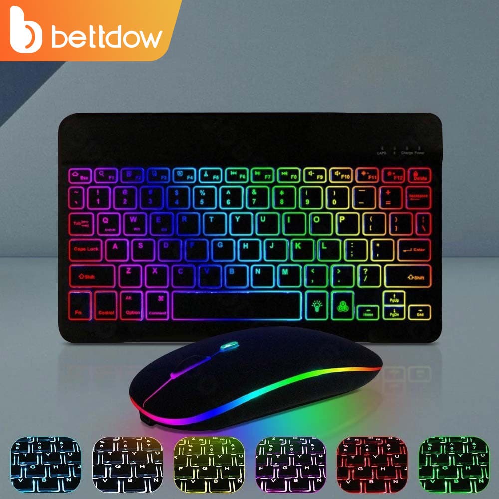 BETTDOW  teclado sem fio com retroiluminação RGB arco-íris e mouse sensível ao toque adequado para iPad iOS Android Win