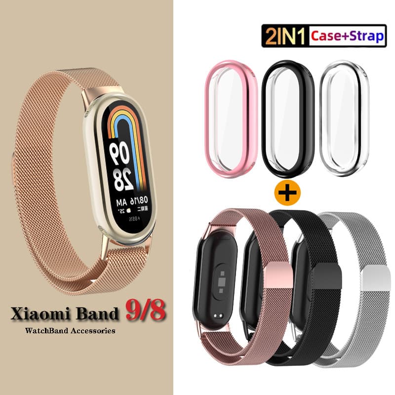 Para Xiaomi Mi Banda 10/9/8 Cinta + Caso Milanês Aço Inoxidável Fivela Magnética Miband 9 Pulseira De Pulso