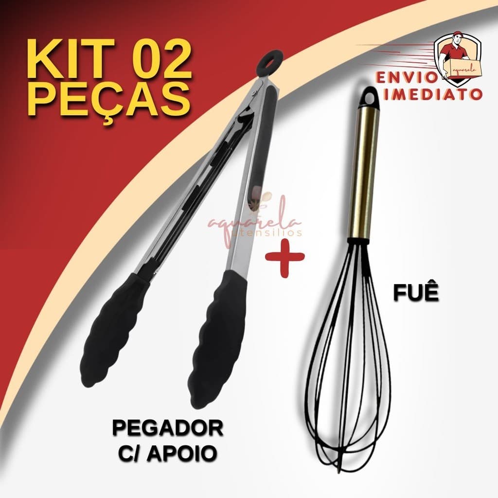 01 un. Fuê Fouet Batedor de Ovos + 01 un. Pinça Pegador Silicone e Inox para Saladas  Cabo em Aço Inox