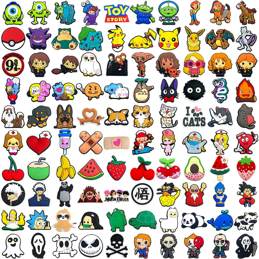 MEIDJ Encantos De Sapato 100 Animais De Desenho Animado Frutas Decorações Hallween Acessórios De PVC Com Botão