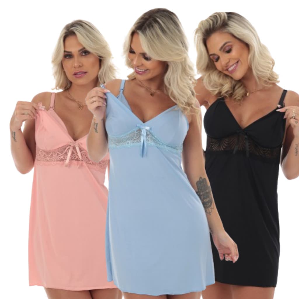 Kit 3 Camisolas Amamentação Com Fecho Click Abre Fácil Pós Parto Para Amamentar