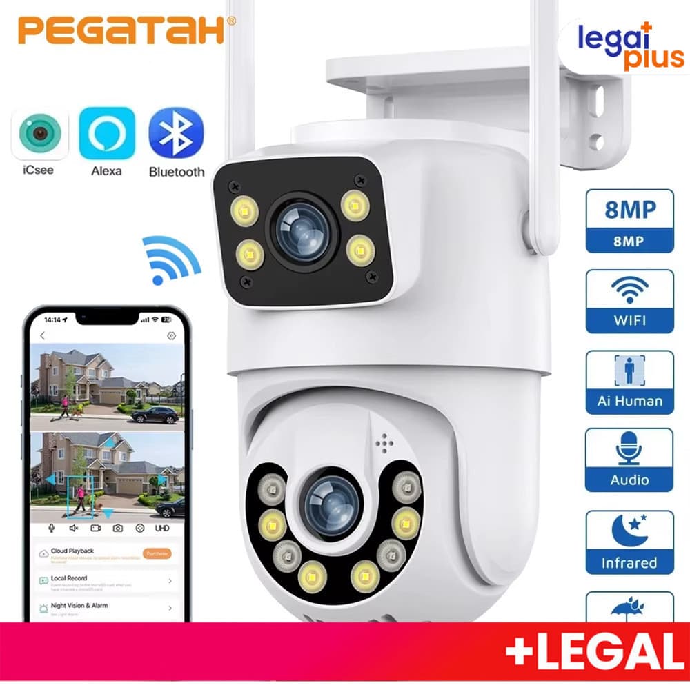 Câmera De Segurança Lente Dupla ICSEE IP66 Wi-Fi 360° Sensor Movimento Visão Noturna 2 em 1 Fixa + Giratória APP ICSEE