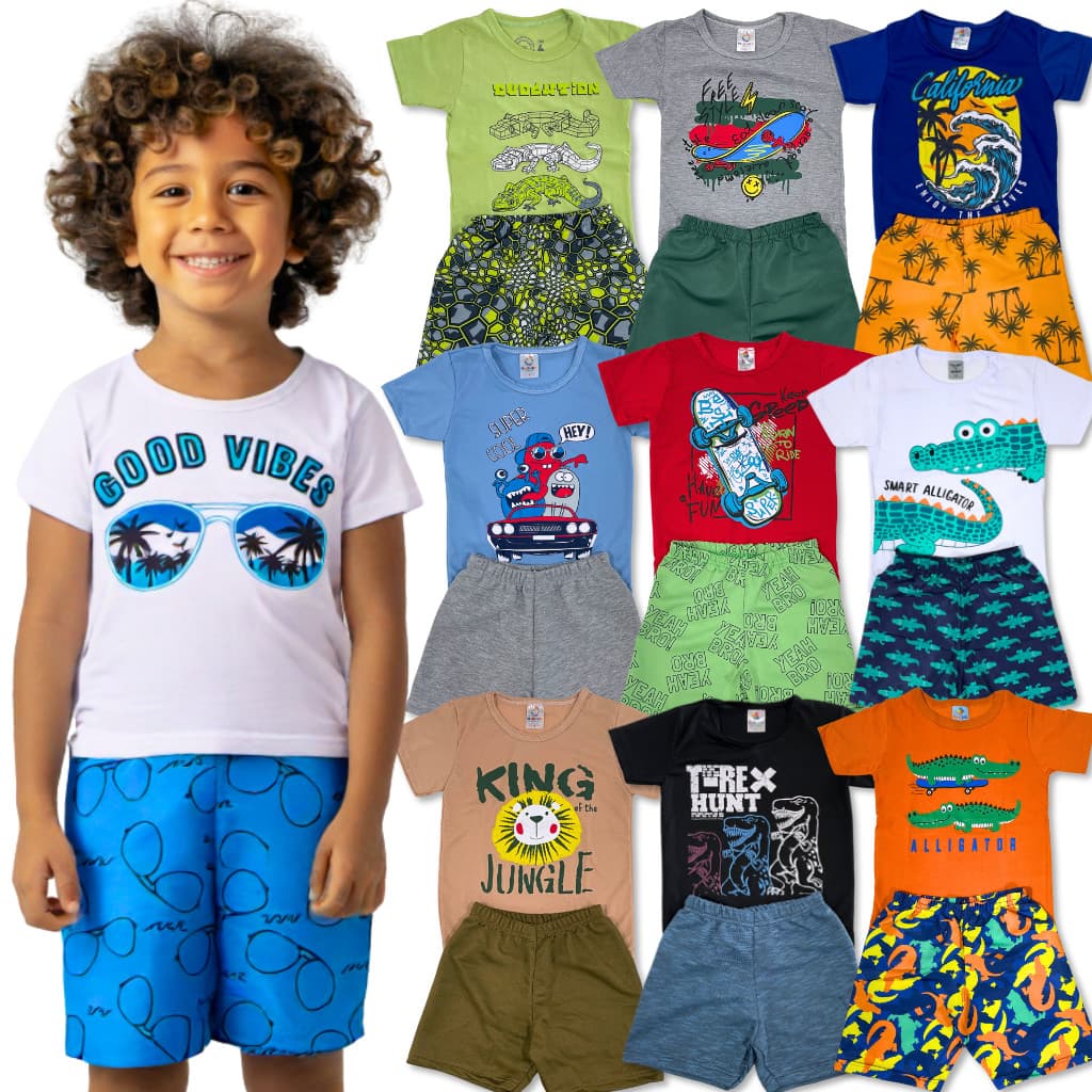 Kit 6 ou 10 Peças 3 ou 5 Conjunto Roupa Infantil Menino Verão Camiseta + Shorts Sortido Estampado