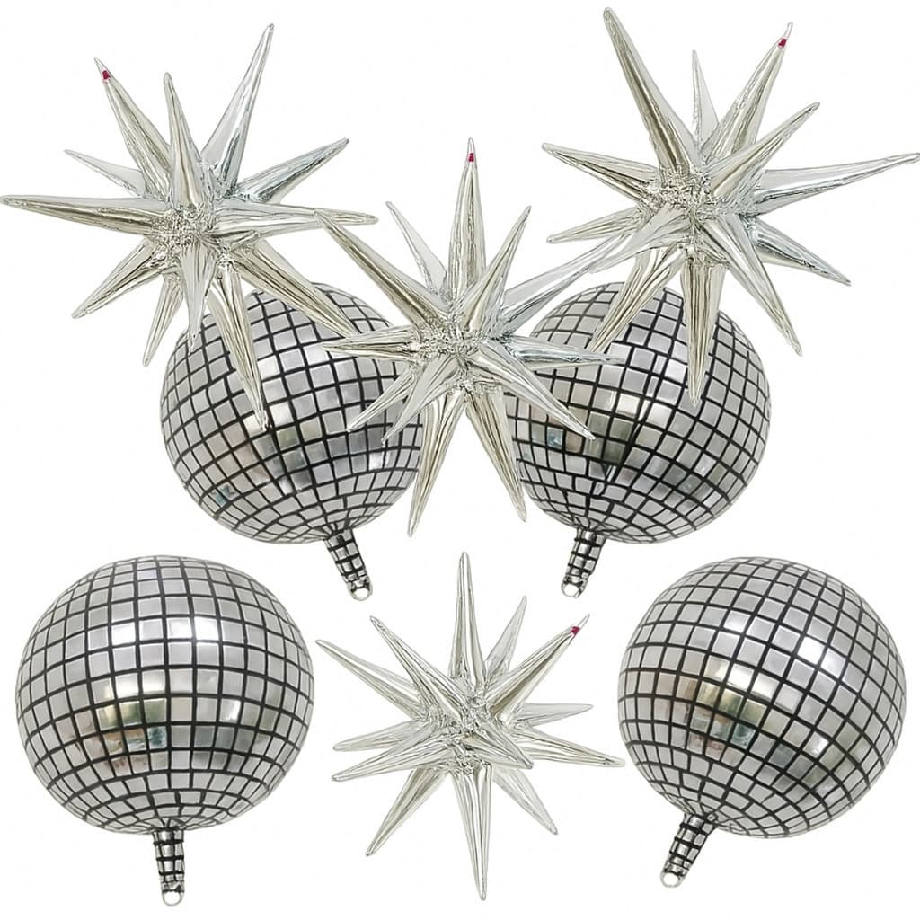 Kit c/ 4 Balão Globo Orbis Quadriculado Prateado 60cm + 4 Balão Estrela Sputnik Prata 55cm 14 Pontas