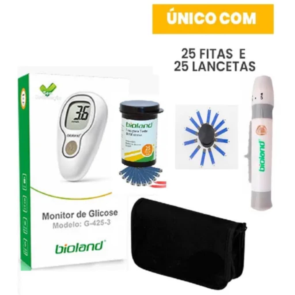 Monitor Glicose 25 Tiras + 25 Lancetas + Lancetador Bioland Medir Glicemia