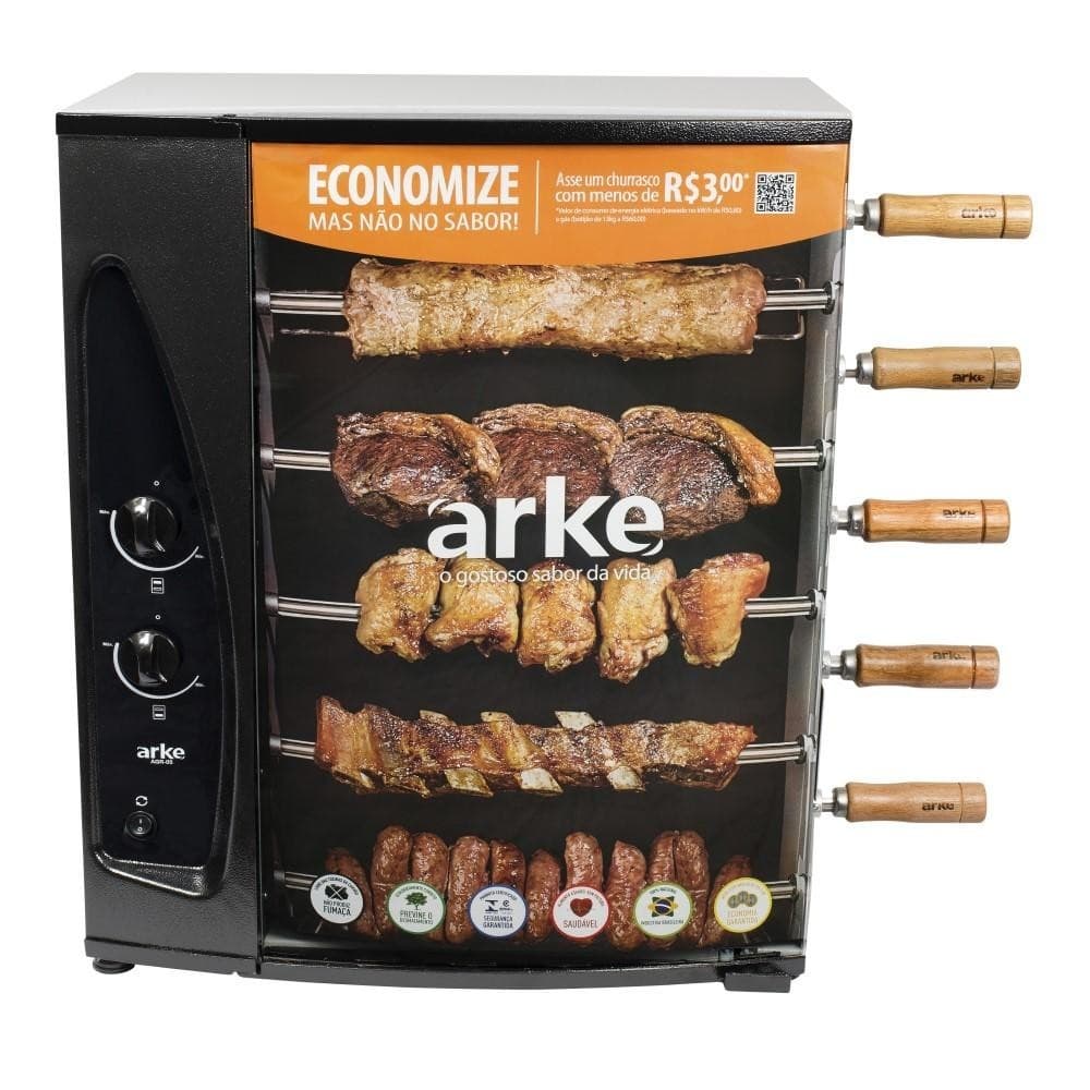 Churrasqueira a Gás Natural GN 5 Espetos Giratórios Bivolt Aço Arke